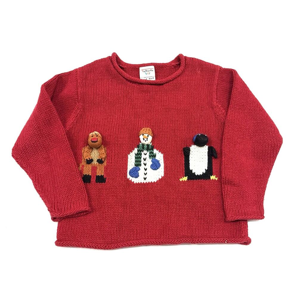 Vintage Talbots Kids Hand-Knit 4T Sweater Roll Neck Snowman Christmas Embroidery